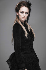 Black Lace Waist Woollen Womens Velvet Short Gothic Jacket With Tail - Product - 4