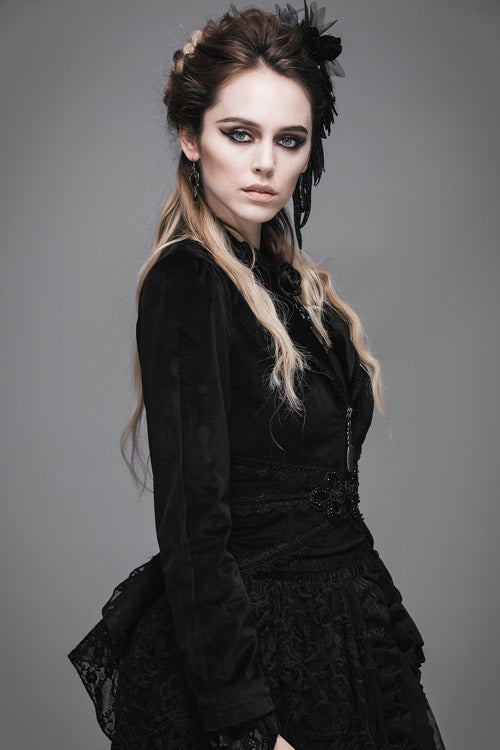 Black Lace Waist Woollen Womens Velvet Short Gothic Jacket With Tail - Product - 4