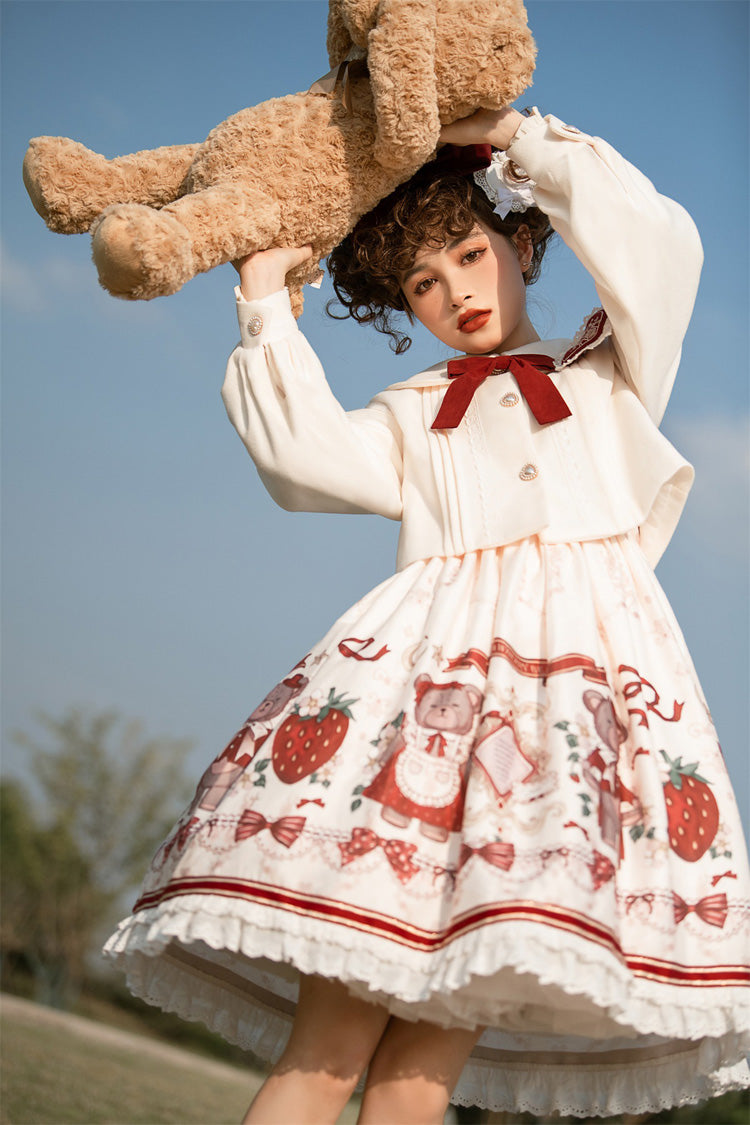 Ivory/Red Strawberry Bear Print Ruffle Bowknot Sweet Princess Lolita Jsk Dress - Product - 7