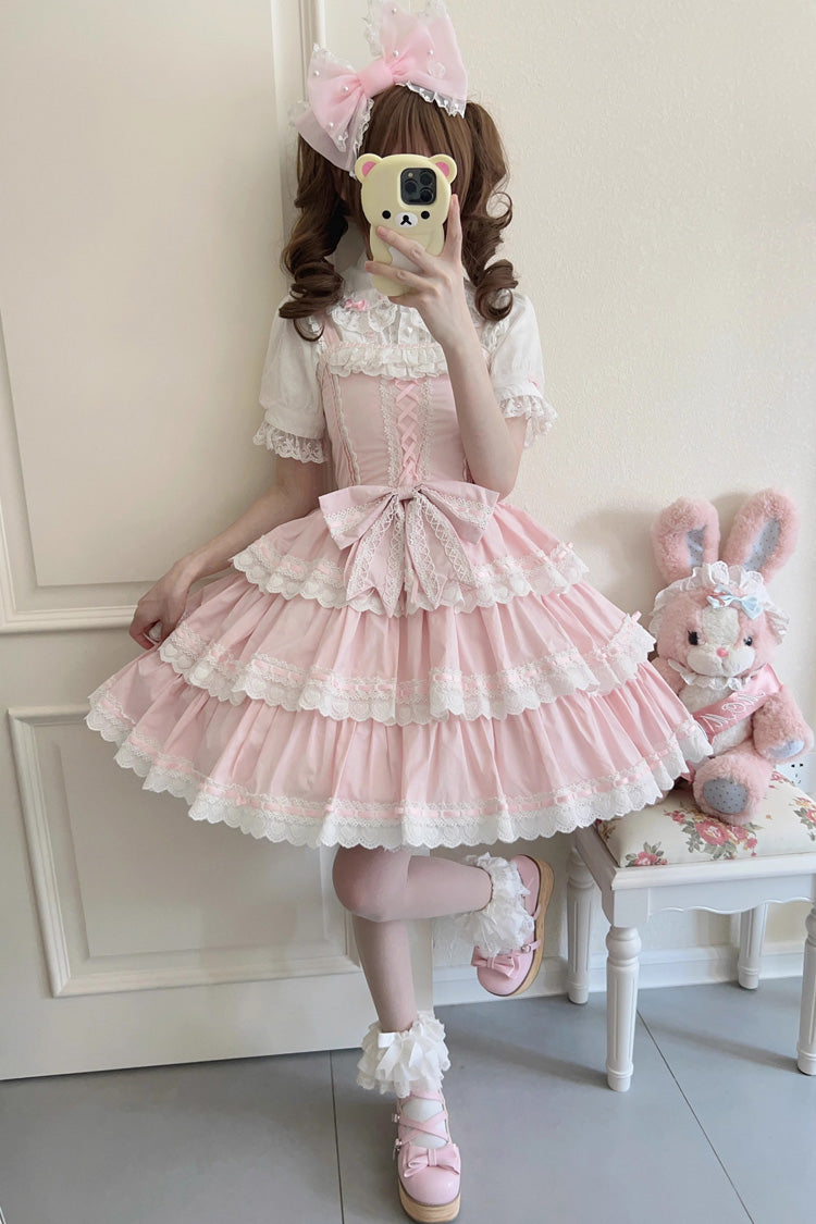 Pink [Maiden Heart] Triple-Layered Ruffle Bowknot Lace Sweet Lolita Jsk Dress - Pink - 1