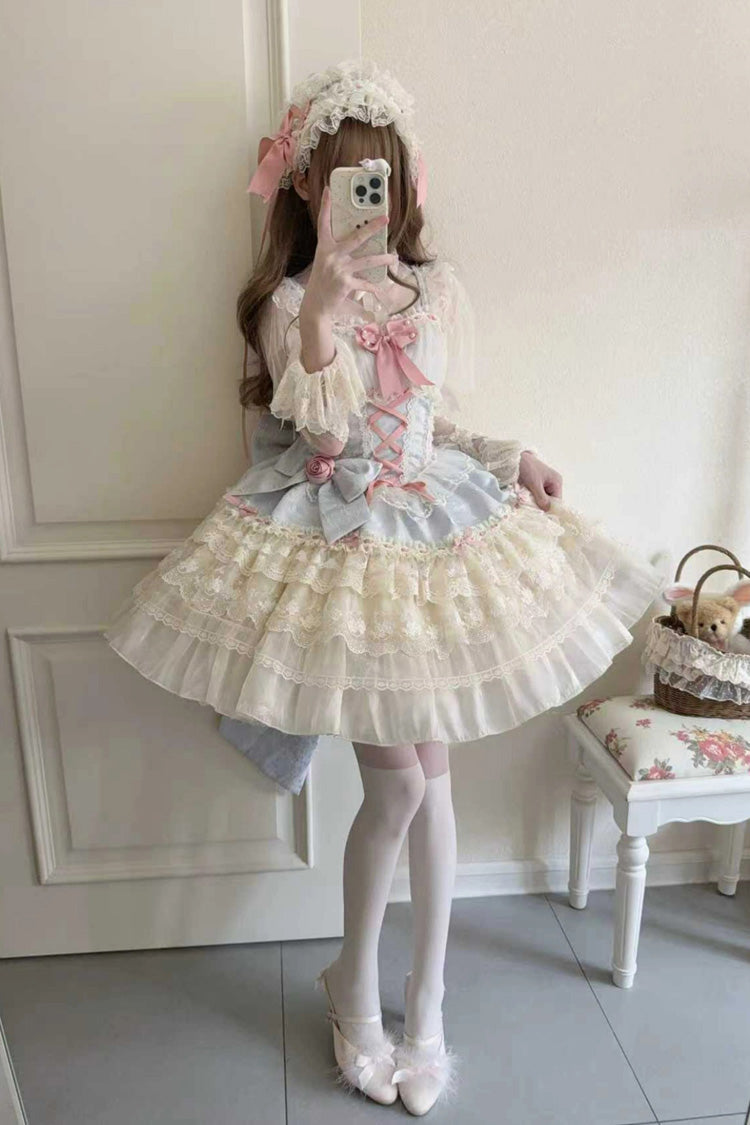 Blue [Rose Canticle] Sleeveless Multi-Layered Bowknot Lace Lace-Up Pearl Ballet Sweet Lolita Jsk Dress - Product - 4
