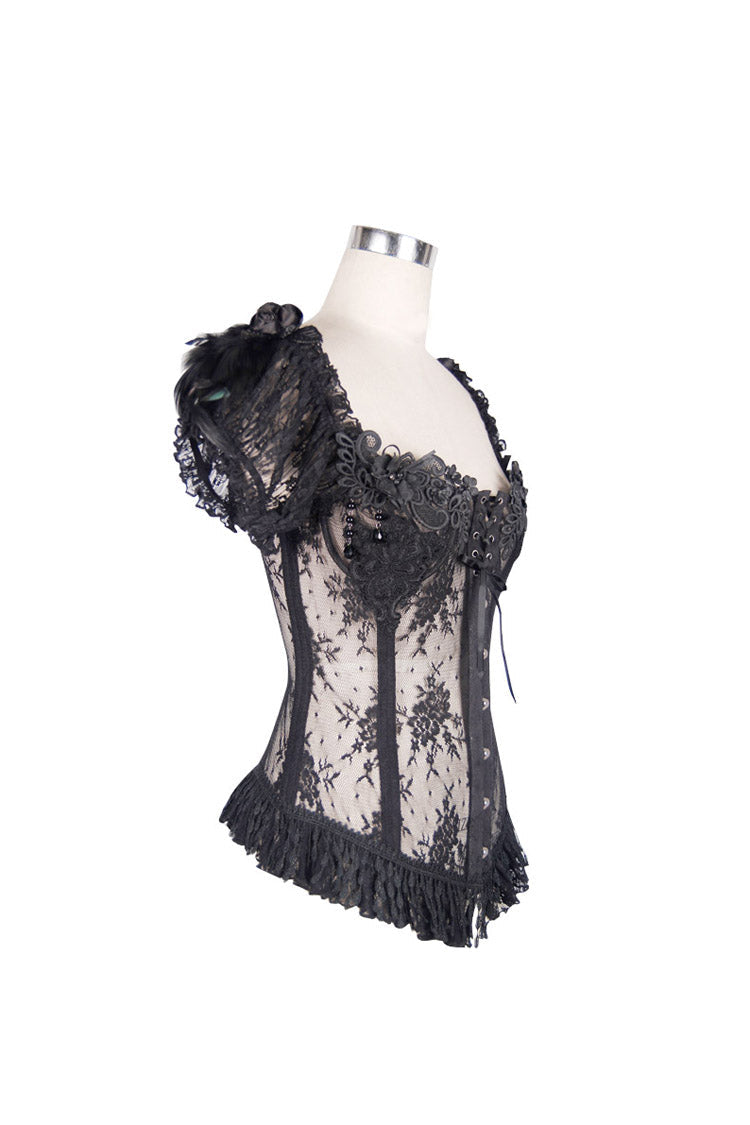 Black Transparent Lace Cotton Waist Fishbone Feather Women's Gothic Flower Corset - Product - 7