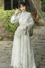 Green Stand Collar Lantern Sleeves High Waisted Embroidery Sweet Chinese Style Hanfu Skirt And Blouse Set - Product - 3