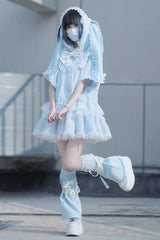 Blue Rabbit Ears Hooded Bowknot Lace Sweet Lolita Coat Set - Product - 2