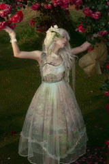 Green [Oil Painting – Spring] Sleeveless Print Ruffle Bowknot Lace Sweet Lolita Jsk Dress - Product - 3