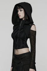 Black Stand Collar Sleeveless Hooded Zipper Pleated Women's Punk Short Vest - Product - 2