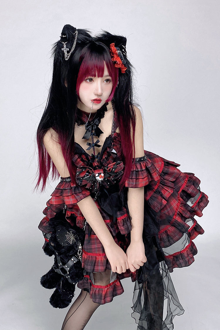 Black/Red Japanese Punk Rock Babes Bowknot Gothic Lolita Tiered Dress - Product - 5