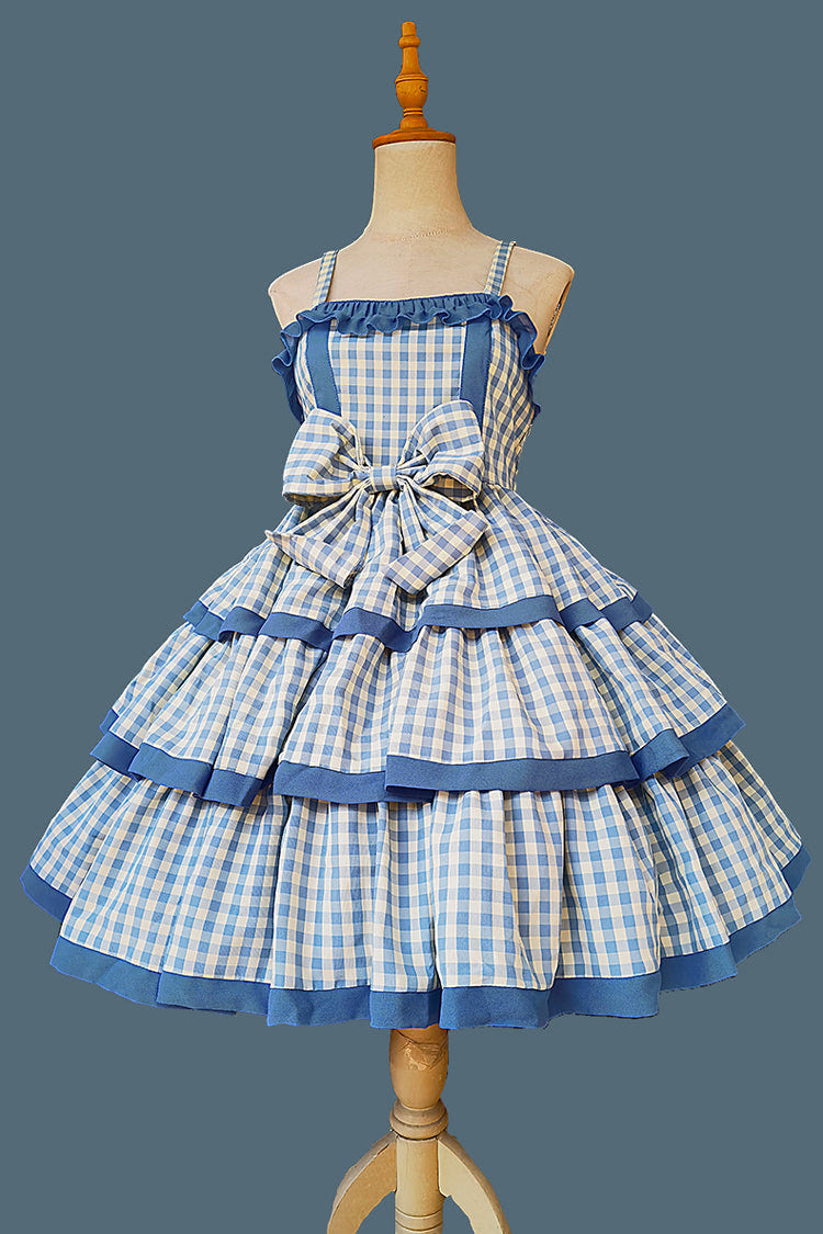 ブルー [Cloth Cat] 三層 チェック プリント フリル リボン スウィートロリータワンピース 2色 商品画像