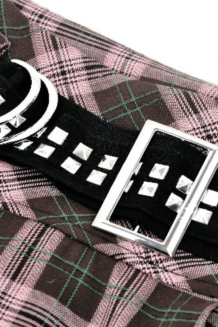 Pink/Brown Buckled Plaid Women's Punk Pleated Mini Skirt - Product - 15