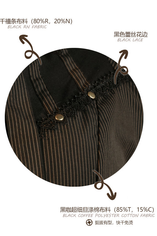 Black/Brown Single Breasted Long Sleeves Ruffled Striped Print Ouji Lolita Dress - Product - 11