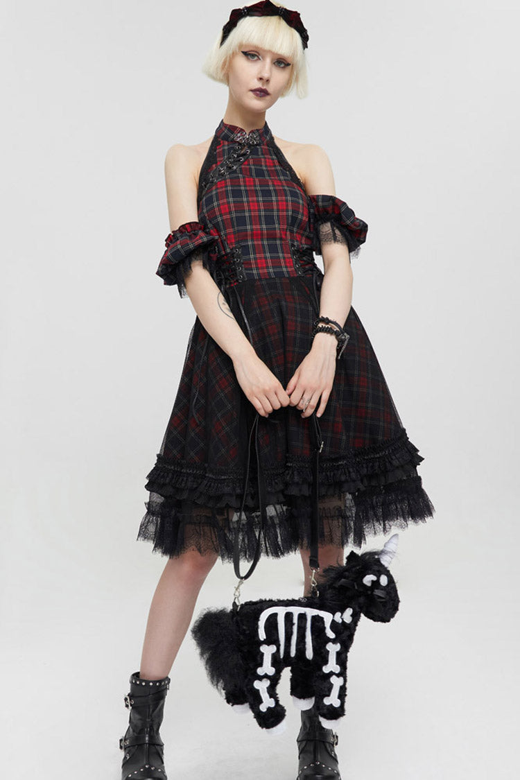 Black/Red Punk Off The Shoulder Plaid Chinese Style Cheongsam Collar Oversized Hem Women's Dress - Product - 6