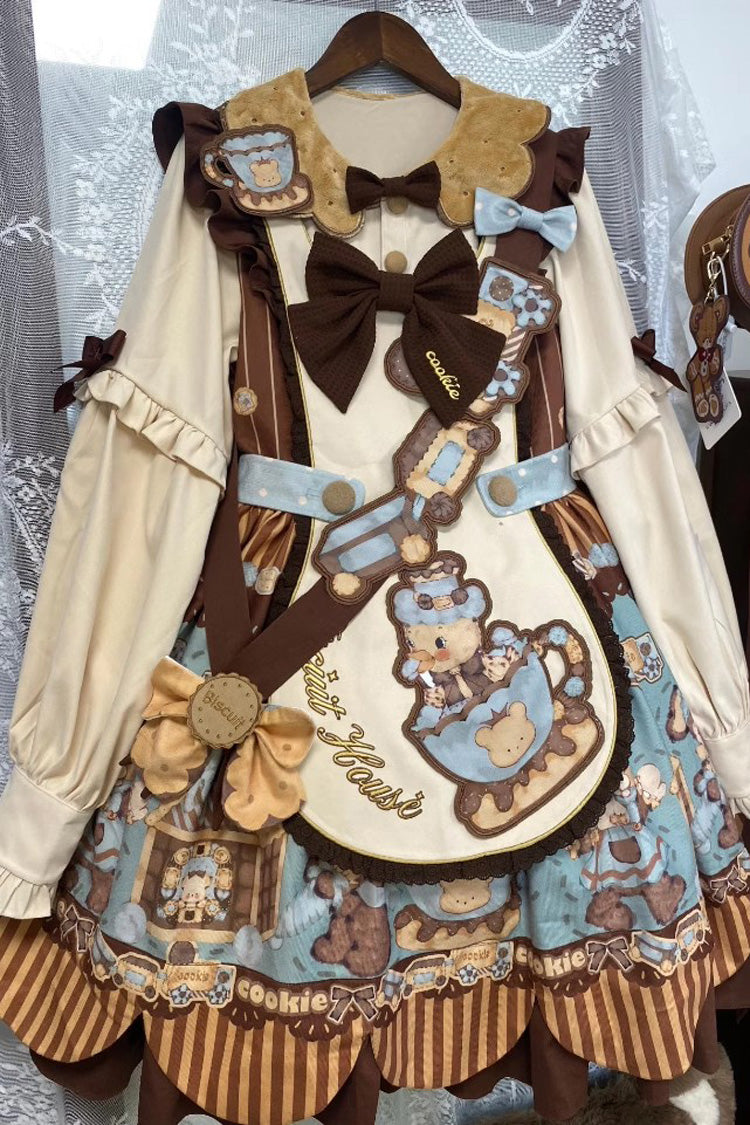 [Bear Cookies] Print Long Sleeves Ruffle Bowknot Sweet Lolita OP Dress 2 Colors - Brown/Green - 9