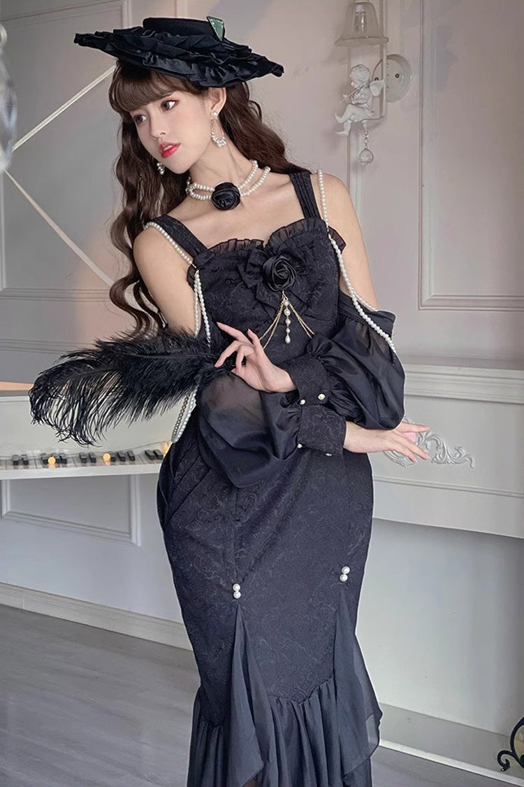 Black [Camellia 1.0] Sleeveless Jacquard Ruffle Lace Gothic Chinese Style Lolita Jsk Fishtail Dress - Product - 12
