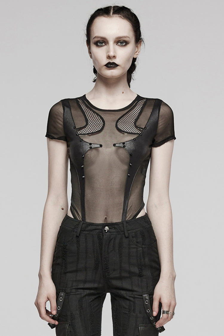 Black Short Sleeves Sheer Mesh Women's Punk Bodysuit - Black - 1