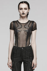 Black Short Sleeves Sheer Mesh Women's Punk Bodysuit - Black - 1