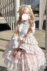Pink [The Soloist Doll] Long Hime Sleeves Multi-Layered Print Ruffle Bowknot Asymmetric Sweet Lolita Dress - Product - 3