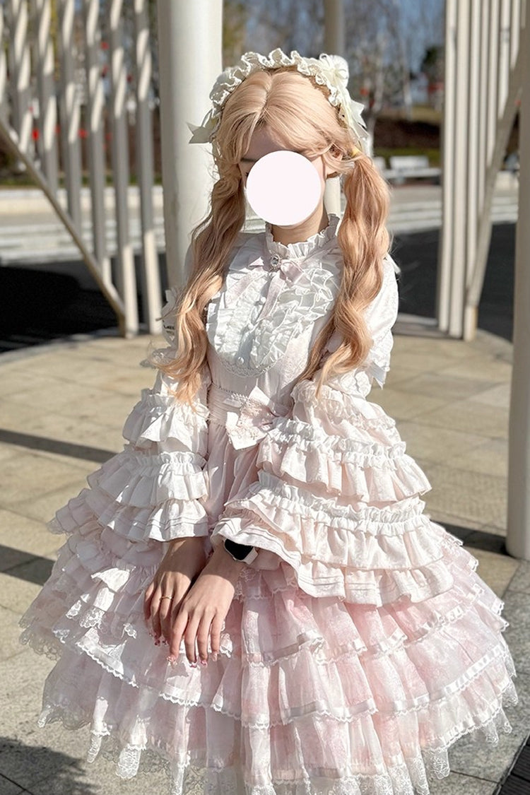 Pink [The Soloist Doll] Long Hime Sleeves Multi-Layered Print Ruffle Bowknot Asymmetric Sweet Lolita Dress - Product - 3