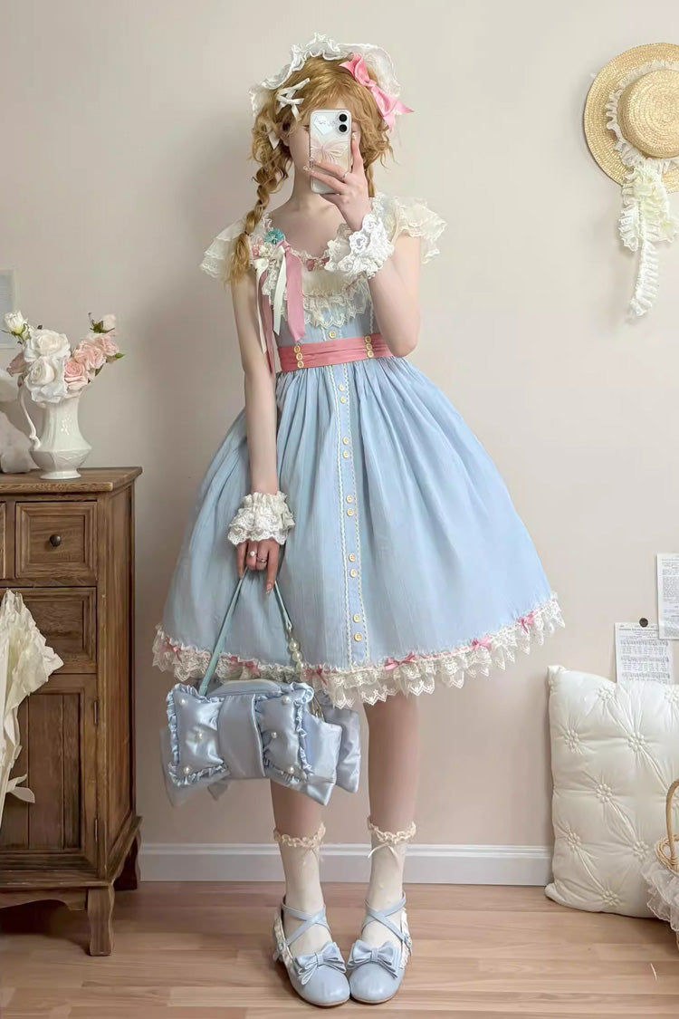 Blue [Sakura’s Spring Resonance] Sleeveless Ruffled Bow Sweet Lolita Jsk Dress (Short Version) - Product - 4