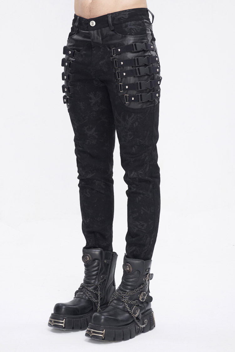 Black Multi Buckle Distressed  Print Men's Punk Pants - Product - 3