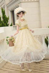 Yellow [Falling Flowers as a Message] Square Collar Short Sleeves Print Ruffle Lace Sweet Elegant Lolita Long Dress - Product - 5