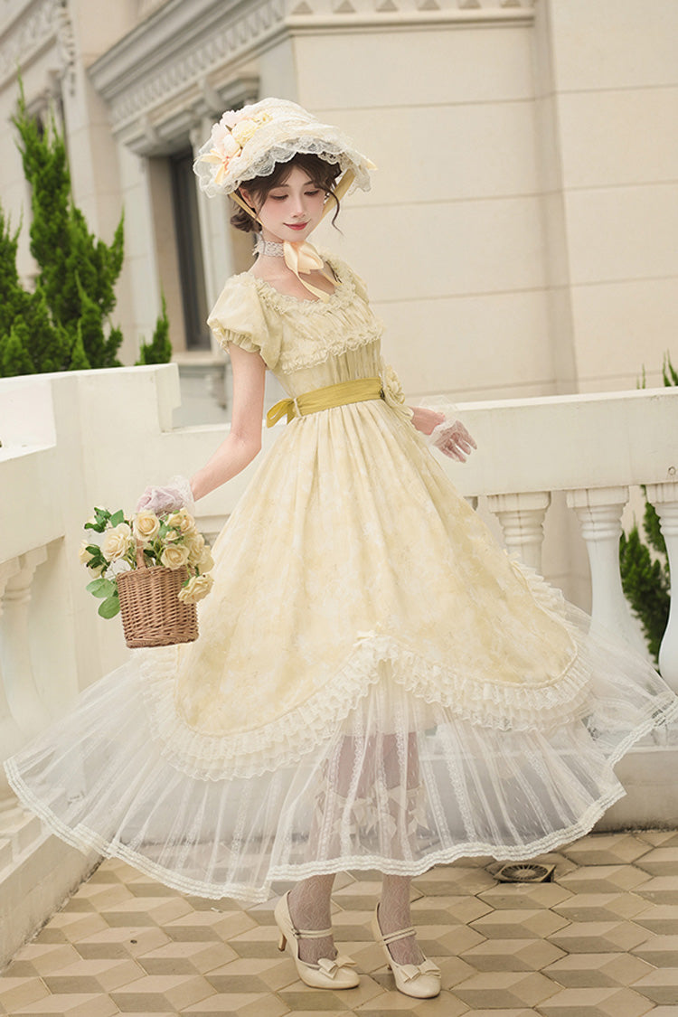 Yellow [Falling Flowers as a Message] Square Collar Short Sleeves Print Ruffle Lace Sweet Elegant Lolita Long Dress - Product - 5
