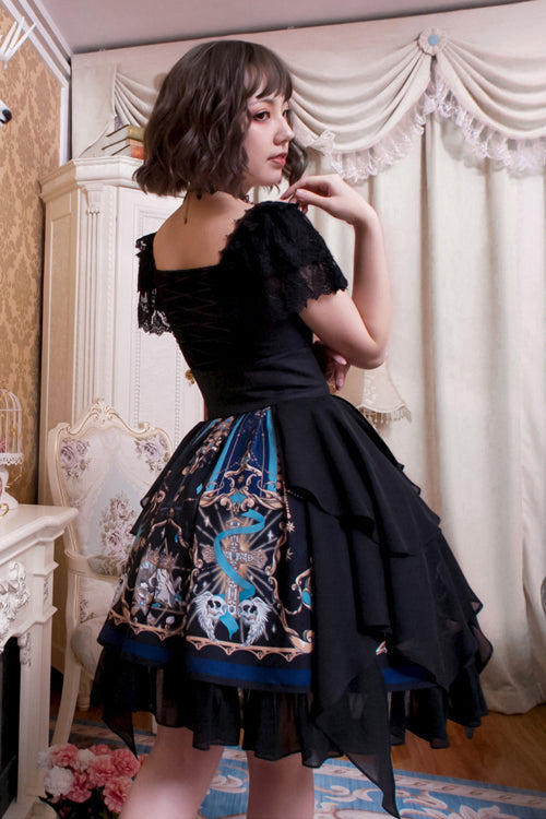 Black Lace Short Sleeve God Redemption Print Gothic Lolita Dress - Product - 3