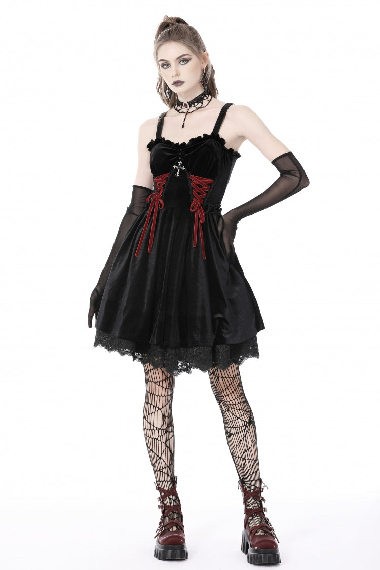 Black/Red Cross Lace-Up Strappy Women's Gothic Velvet Slip Dress - Product - 6