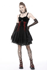 Black/Red Cross Lace-Up Strappy Women's Gothic Velvet Slip Dress - Product - 6