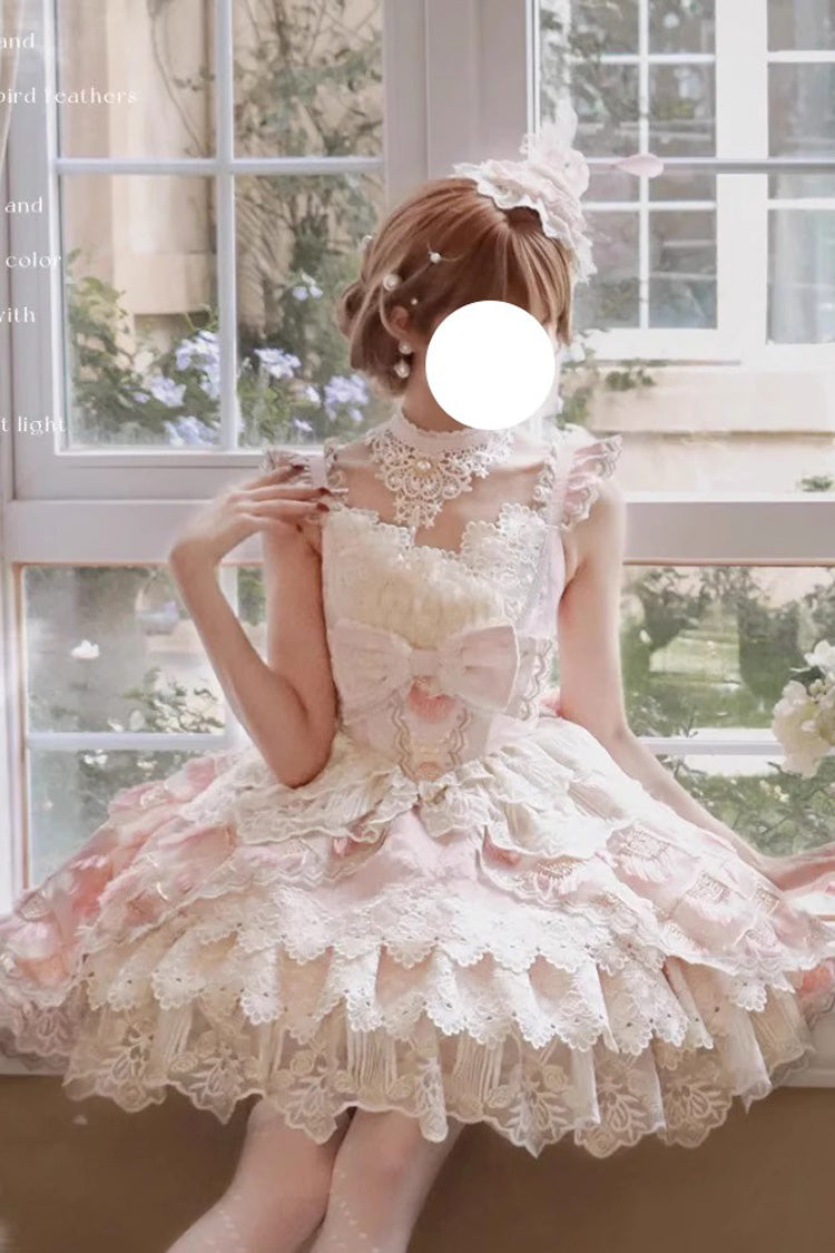 Pink [Peacock Feather] Multi-Layered Ruffle Hanayome Cardigan Bowknot Lace Sweet Lolita Jsk Dress Set - Product - 7