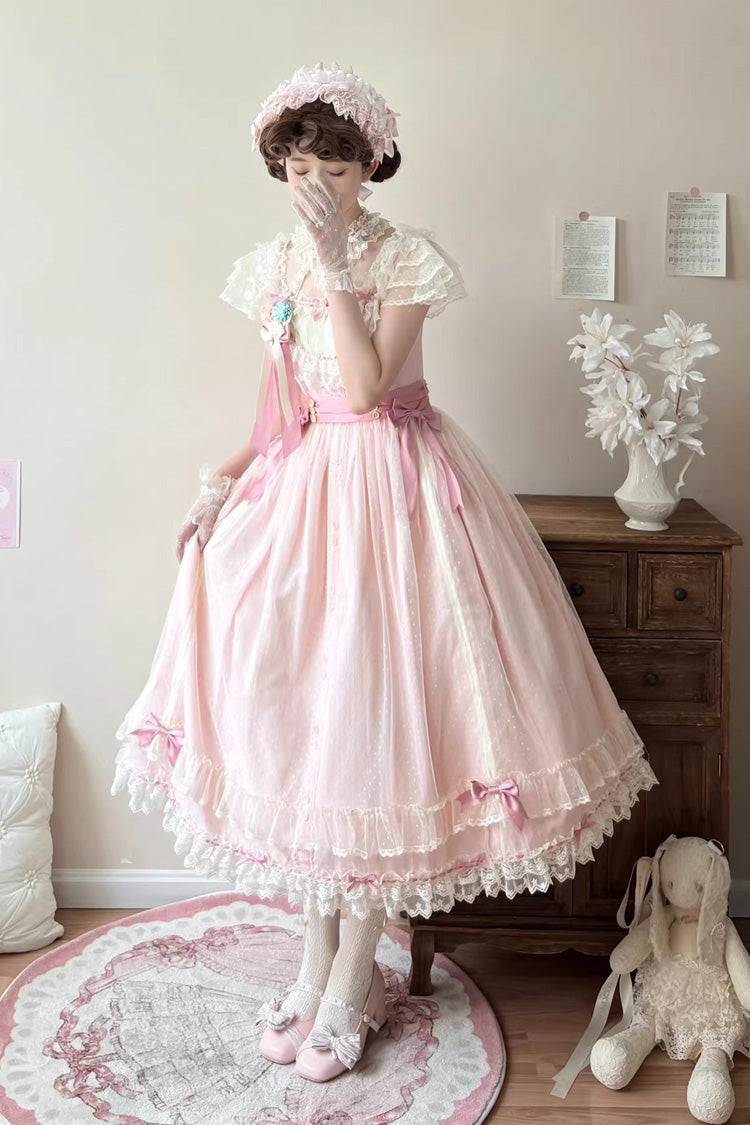 Pink [Sakura’s Spring Resonance] Sleeveless Ruffled Bow Sweet Lolita Jsk Dress (Long Version) - Product - 3