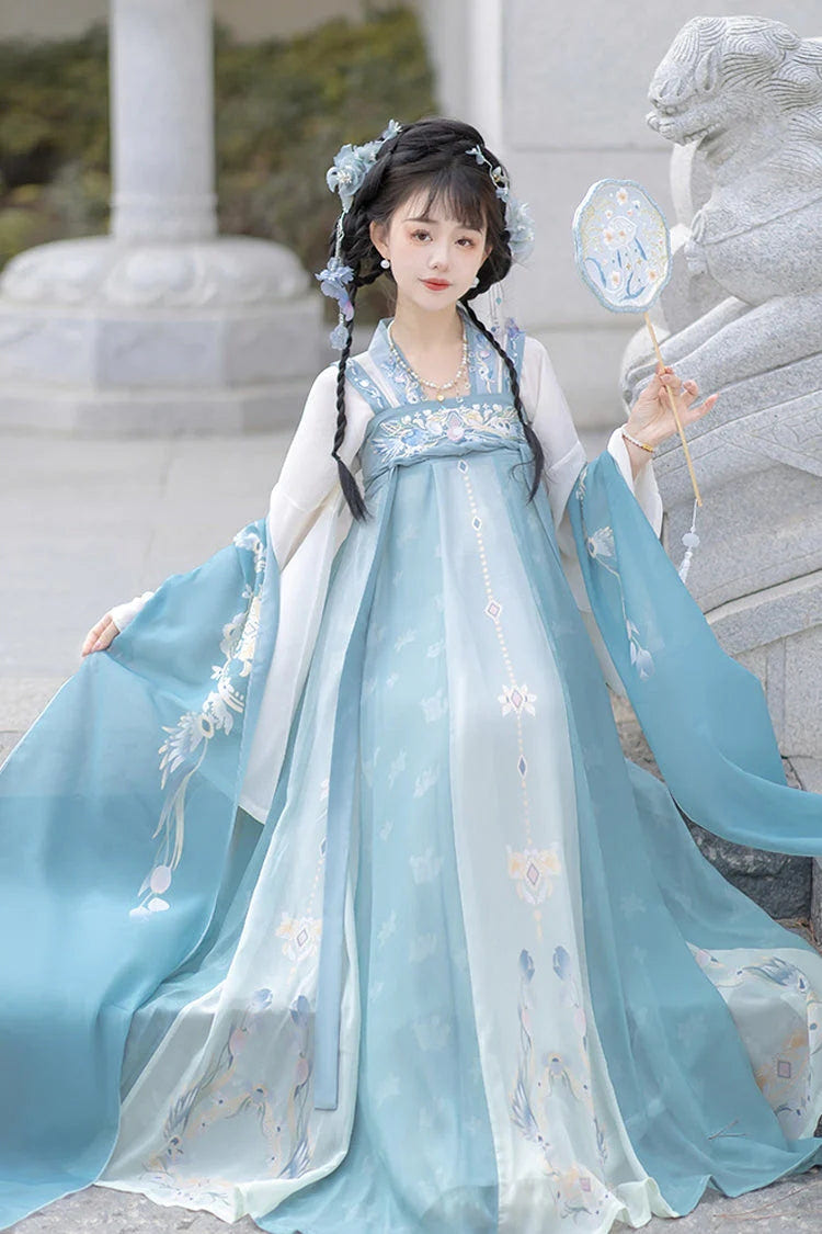 Blue Trumpet Sleeves High Waisted Print Embroidery Sweet Chinese Style Hanfu Dress Full Set - Product - 2