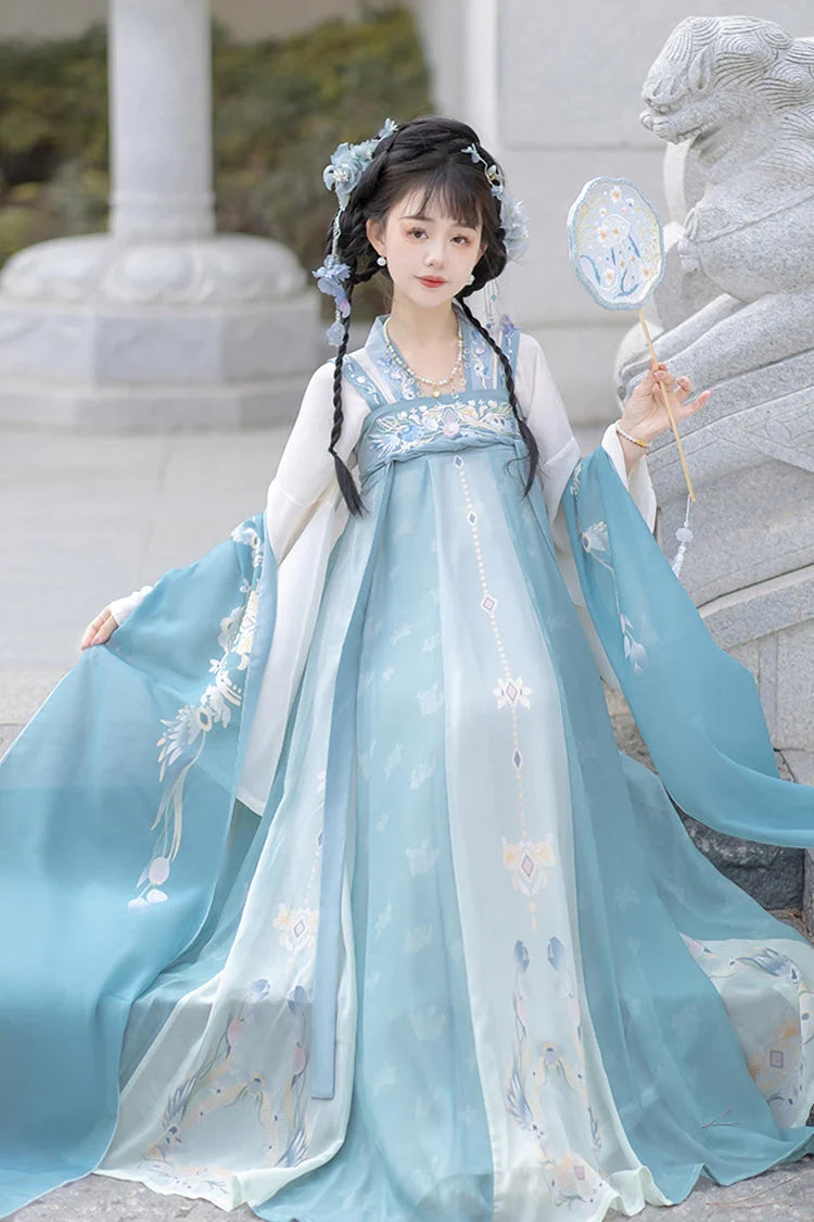 Blue Trumpet Sleeves High Waisted Print Embroidery Sweet Chinese Style Hanfu Dress Full Set - Product - 2