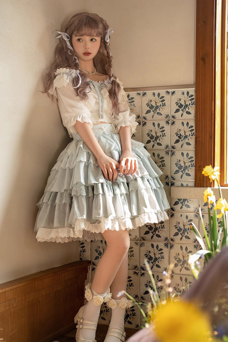 Light Blue Rose Multi-layer Ruffle Princess Sweet Lolita Skirt - Product - 2