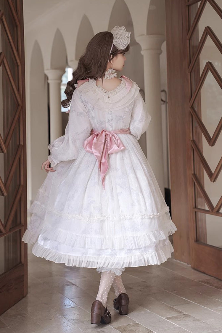 Ivory Long Sleeves Rose Print Bowknot Sweet Princess Lolita Dress - Product - 9