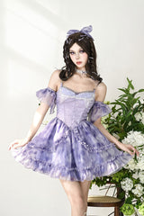 Blue Ruffle Lace Tie-dyed Print Fake Two Pieces Sweet Princess Jsk Dress - Product - 2
