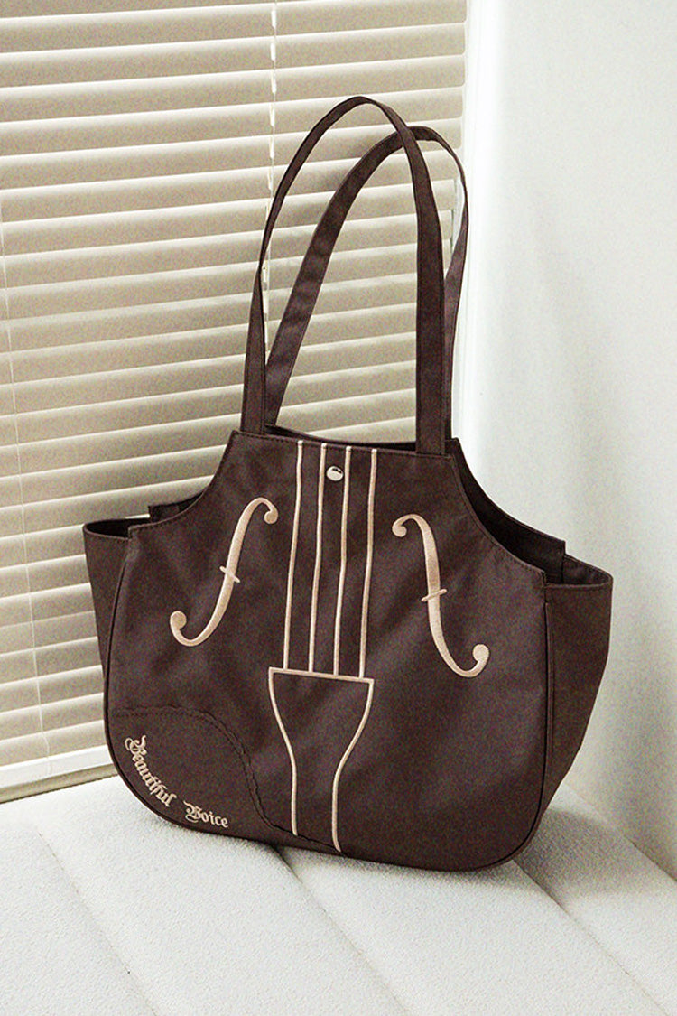 Brown Violin Embroidered Bow Chinese Inspired Vintage Lolita Shoulder Bag - Brown - 1