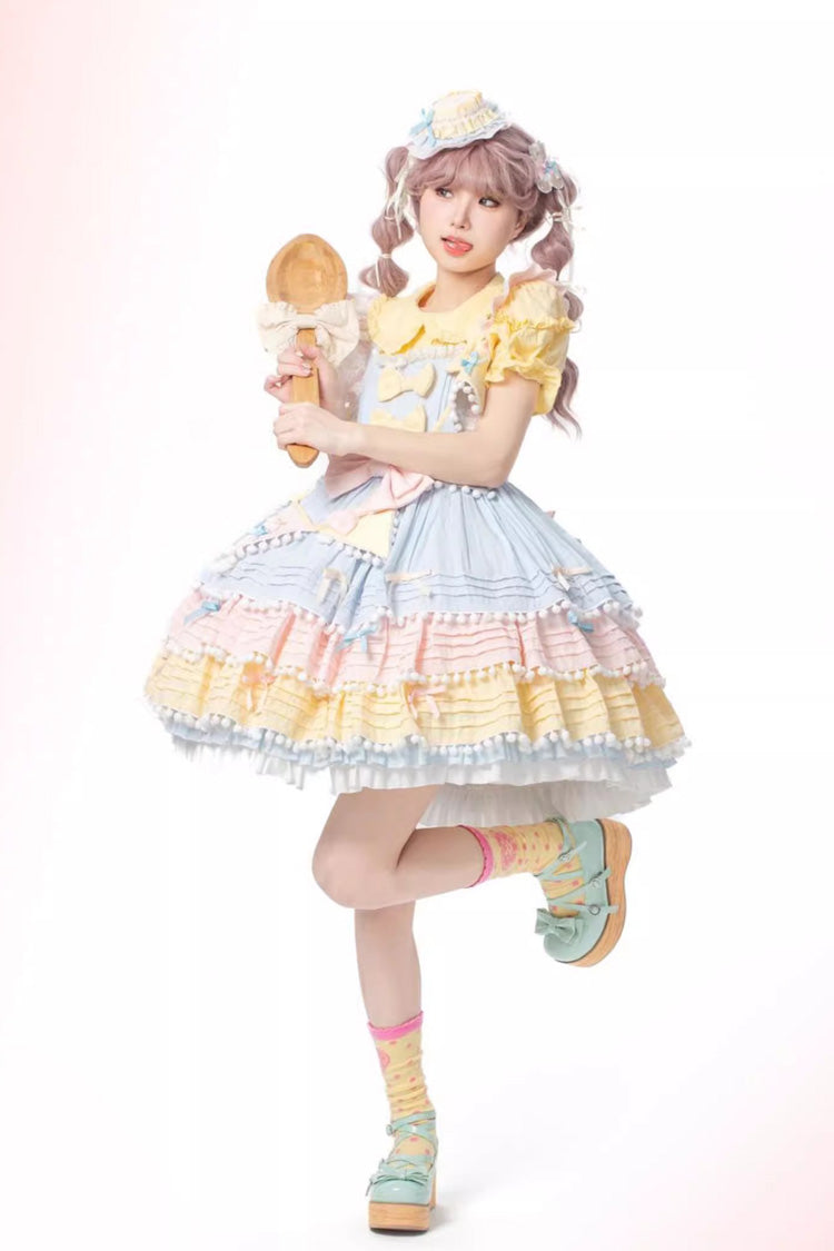 Blue/Pink/Yellow Sweetheart Macaron Ice Cream Multi-Layered Ruffle Bowknot Sweet Lolita Dress - Product - 3