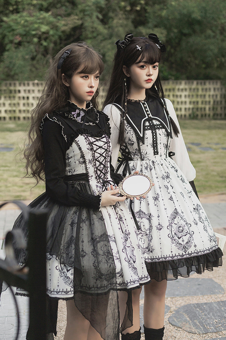 Black/White Long Sleeves Lace Ruffle Butterfly Magic Print Gothic Lolita OP Dress - Product - 6
