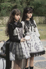Black/White Long Sleeves Lace Ruffle Butterfly Magic Print Gothic Lolita OP Dress - Product - 6