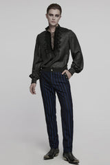 Black Stand Collar Long Sleeves Ruffle Embroidery Lace-Up Plunging Rose Men's Gothic Blouse - Product - 4