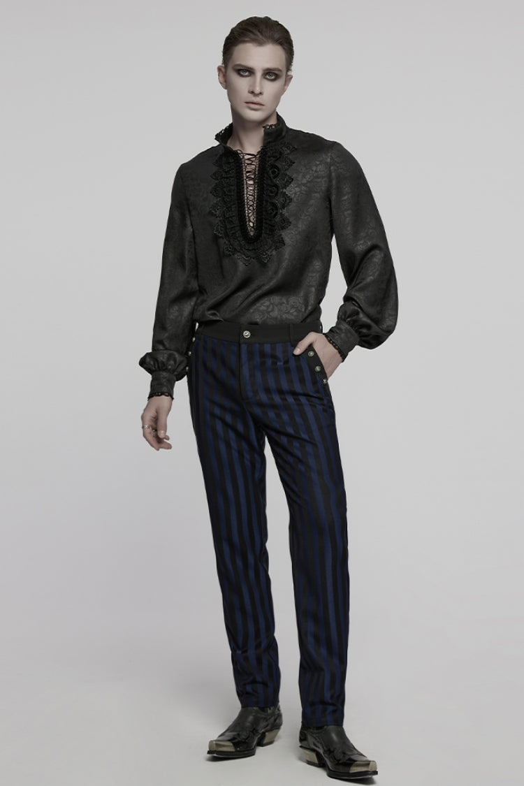 Black Stand Collar Long Sleeves Ruffle Embroidery Lace-Up Plunging Rose Men's Gothic Blouse - Product - 4