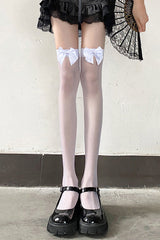 Black Bowknot Fishnet Over The Knee Gothic Socks 2 Colors - White - 2