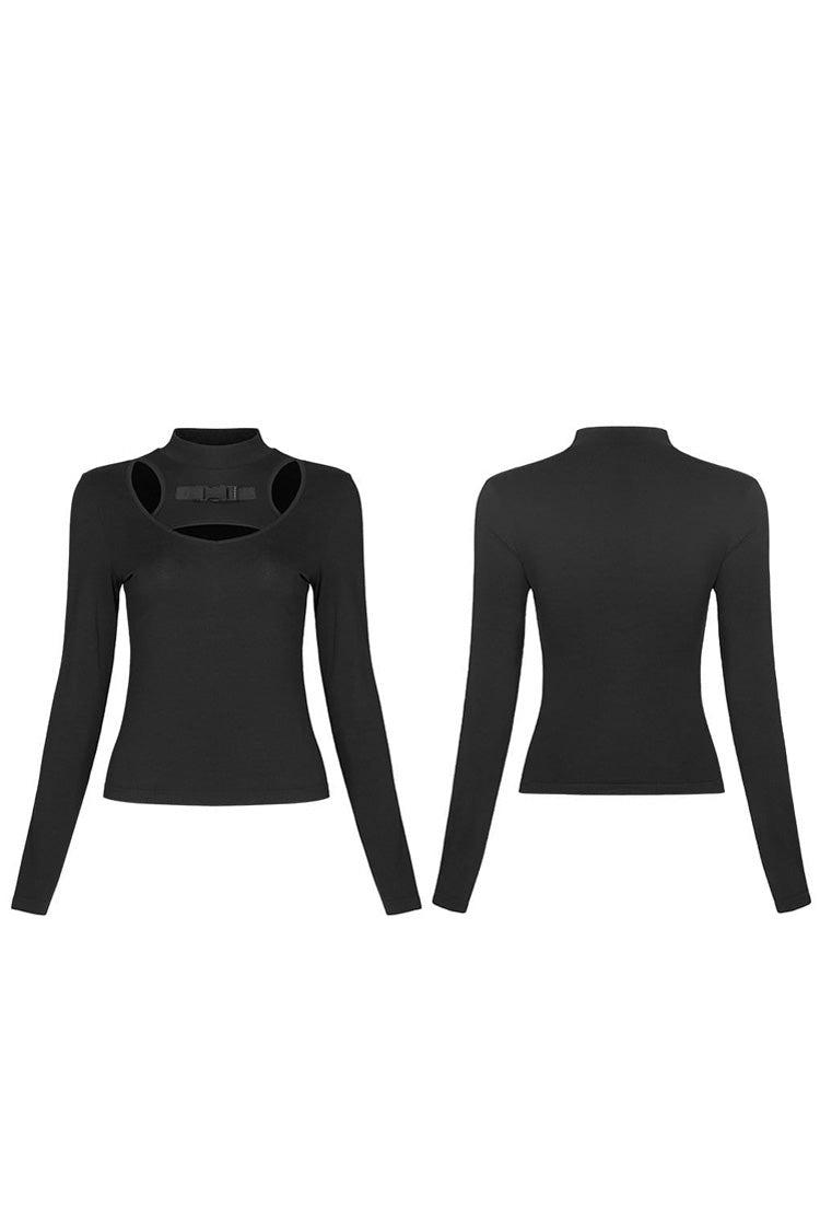 Black Knit High Collar Front Chest Hollow Out Long Sleeve Women's Punk T-Shirt - Product - 5
