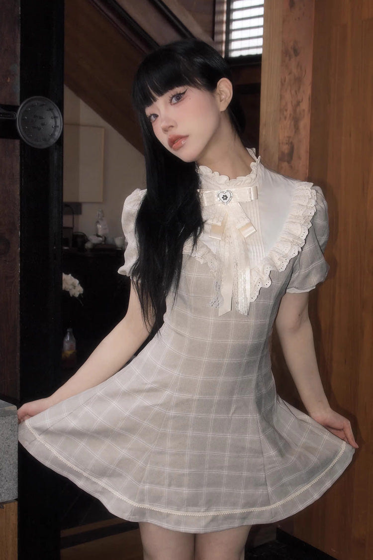 Apricot Short Sleeves Plaid Printed Lace Jirai Kei Japanese Dress - Apricot - 1