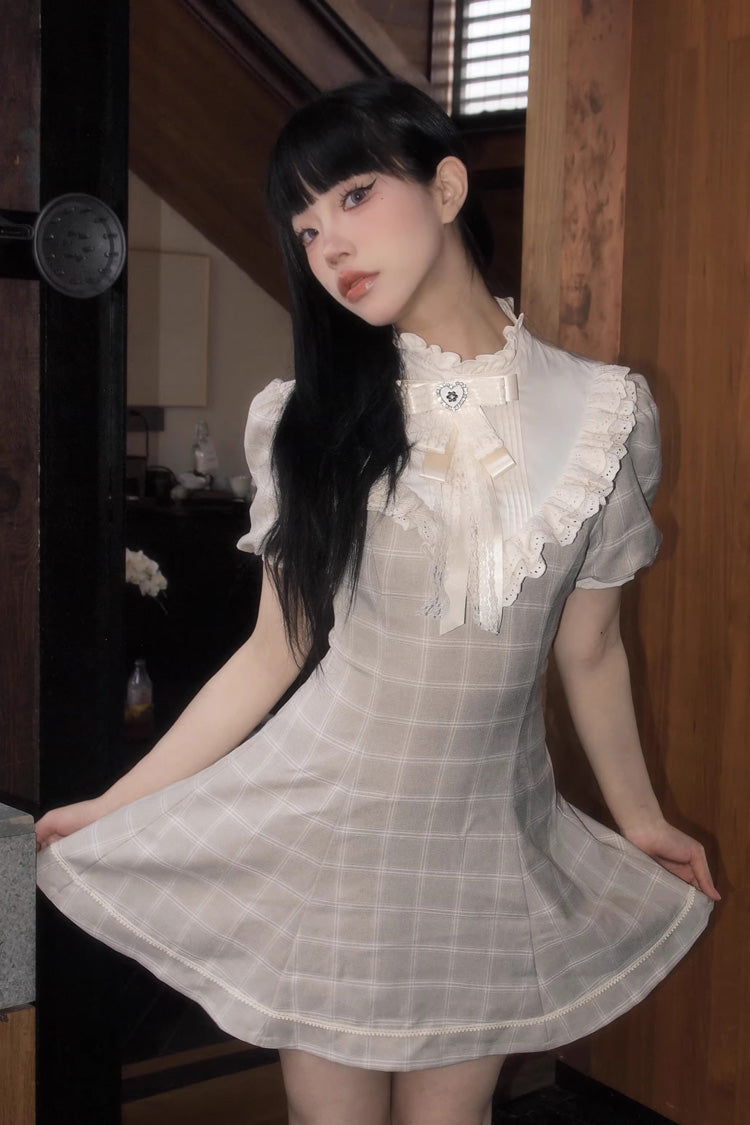Apricot Short Sleeves Plaid Printed Lace Jirai Kei Japanese Dress - Apricot - 1