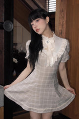 Apricot Short Sleeves Plaid Printed Lace Jirai Kei Japanese Dress - Apricot - 1