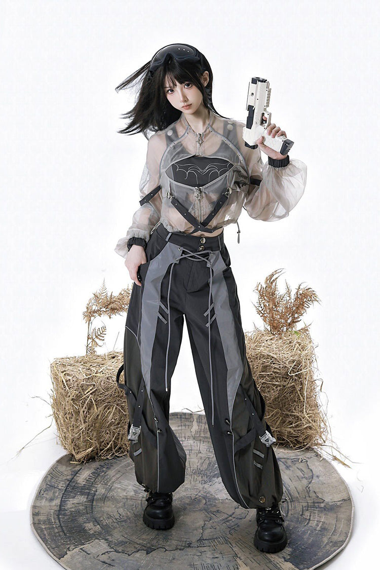 Black [Infinite Battlefield] Long Sleeves Printed Techwear Style Gothic Handsome Ouji Lolita Set - Product - 3