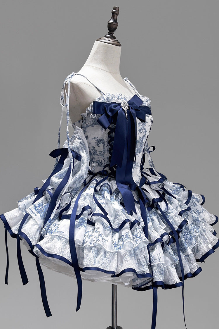 Blue/White Sleeveless Multi-Layered Print Bowknot Fishbone Sweet Classic Chinese Style Lolita Jsk Short Dress - Product - 2