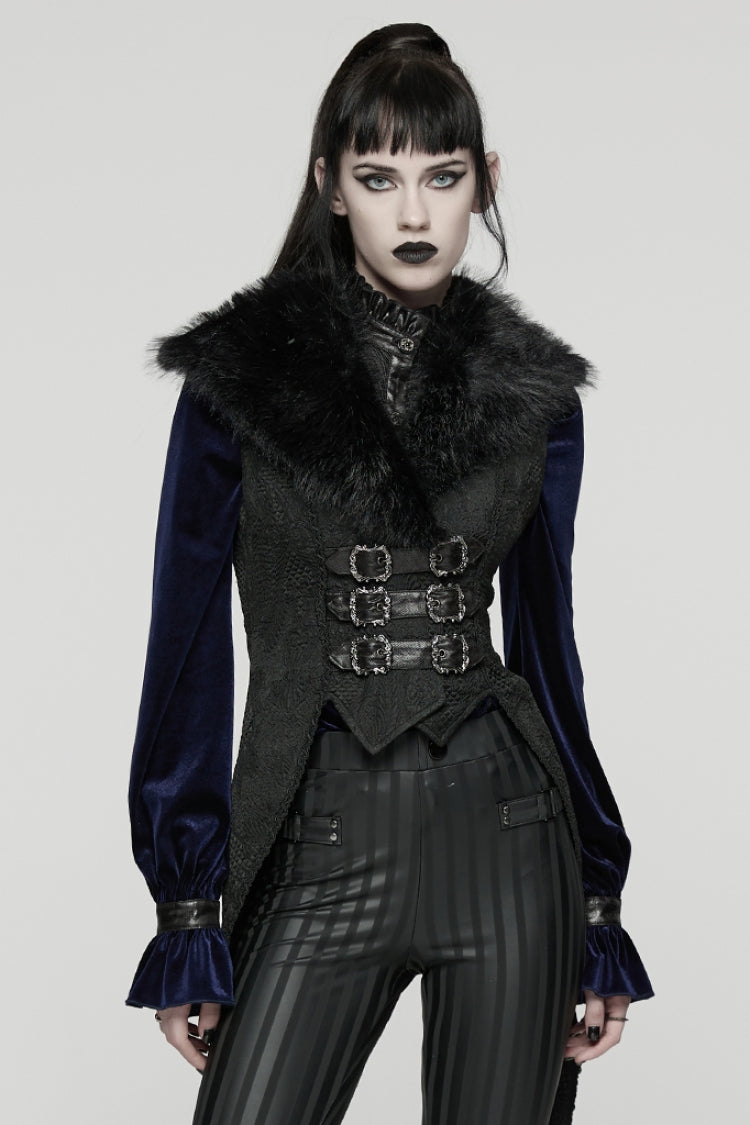 Black Sleeveless Jacquard Buckled Swallow-tailed Women's Gothic Vest - Black - 1