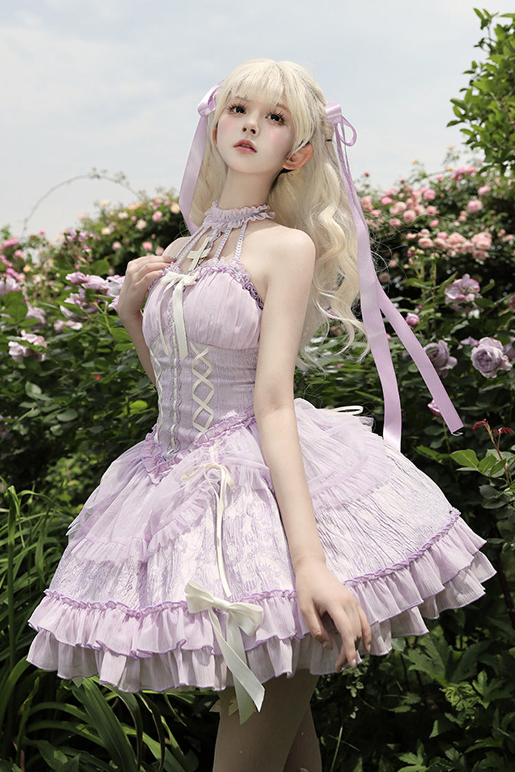 Purple Tube Top Sleeveless Ruffle Bowknot Gothic Lolita Jsk Tiered Dress - Product - 8